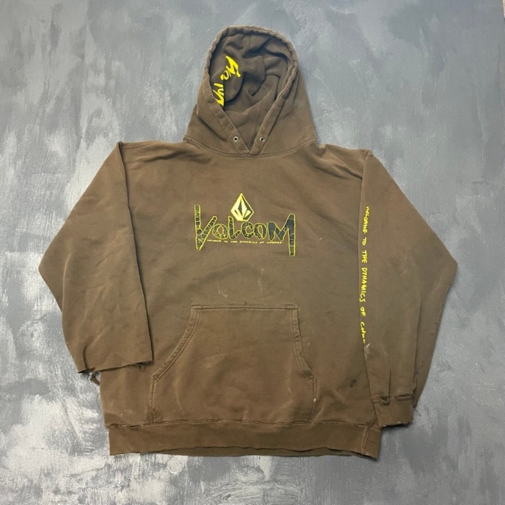 Vintage Distressed Graphic Hoodie Mens M Brown 2000s Volcom